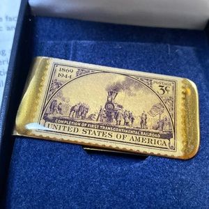 United States Mint Railroad Train Stamp Brass Moneyclip Layered in Pure 24k Gold